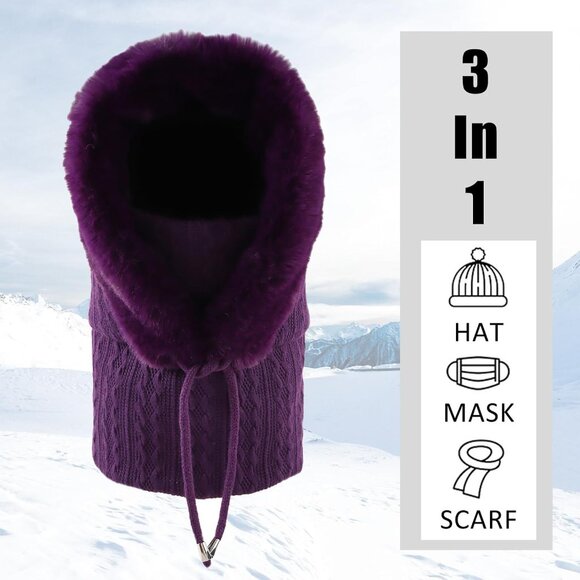 Women Purple Polyester Warm Thick Fluff Beanie Adult Neck Face Winter Balaclava - Picture 4 of 7